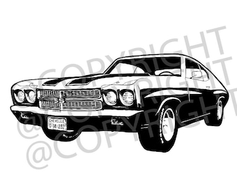May include: Black and white illustration of a classic American muscle car. The car has a black hood and a white body with a black stripe down the center. The car is facing the viewer and has a license plate that reads "CHEVELLE 67-121".