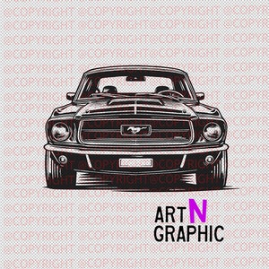 May include: Black and white illustration of a classic car, a Ford Mustang, with a front view of the vehicle. The car has a black grille with a chrome horse emblem.