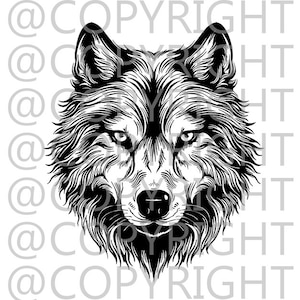 May include: A detailed black and white illustration of a wolf's head, facing forward. The artwork features intricate line work, emphasizing the fur texture and facial features. The wolf's eyes are focused, and the overall design is symmetrical.