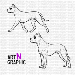 Op de afbeelding: Zwart-witte lijntekening van twee honden. Eén hond loopt, de andere staat. De tekst "ART N GRAPHIC" staat onderaan de afbeelding.