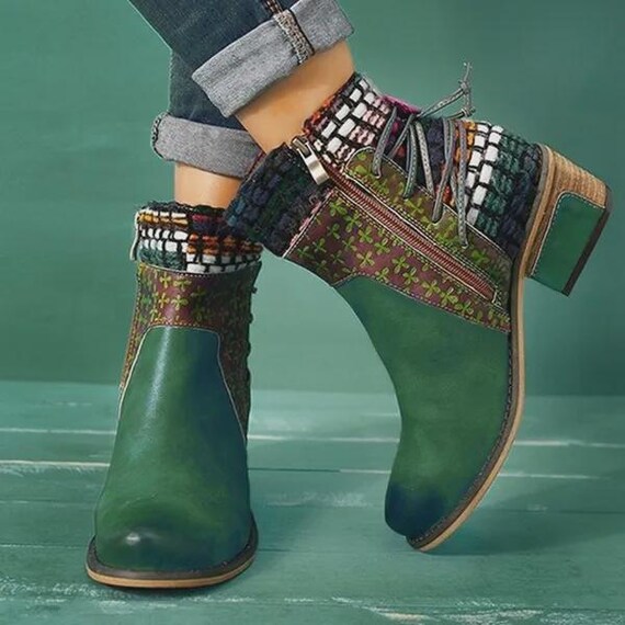 Retro fabric stitching adjustable leather pattern warm boots, Pointed Toe Square Heel Low Tube Boots