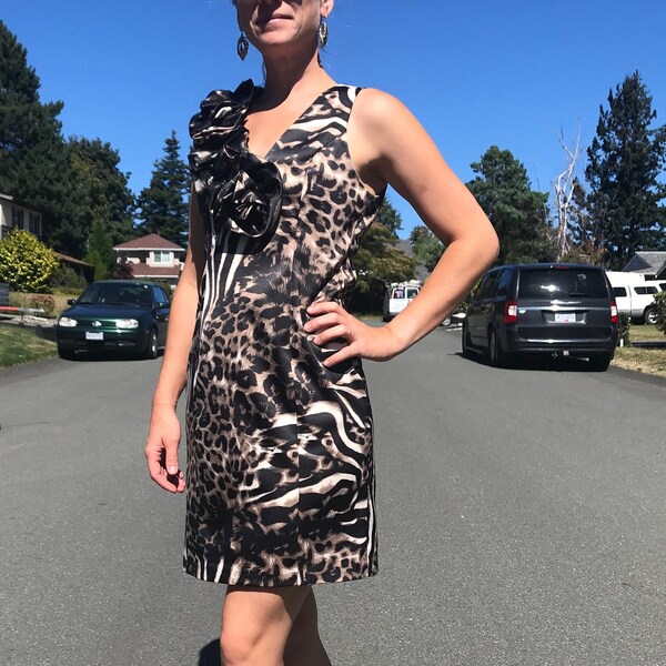 Leopard print dress with shoulder ruffle / Laura Petite / Animal print cocktail dress