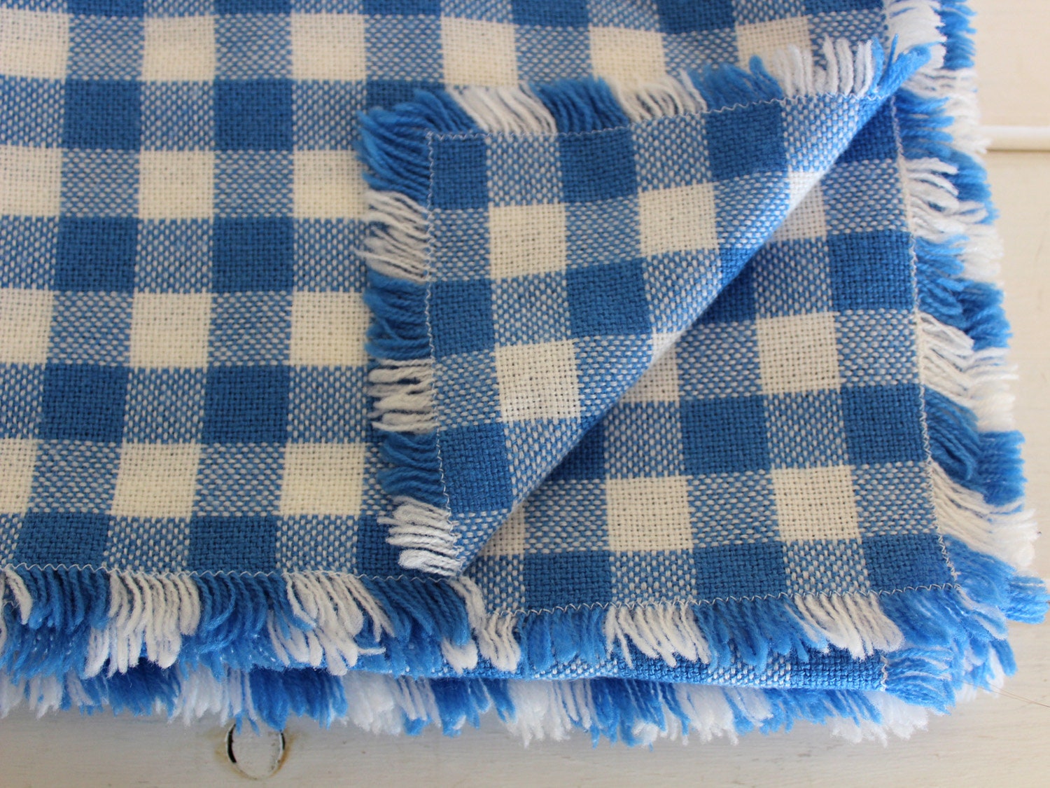 Vintage Royal Blue Gingham Woven Tablecloth Set With Solid Etsy Ireland