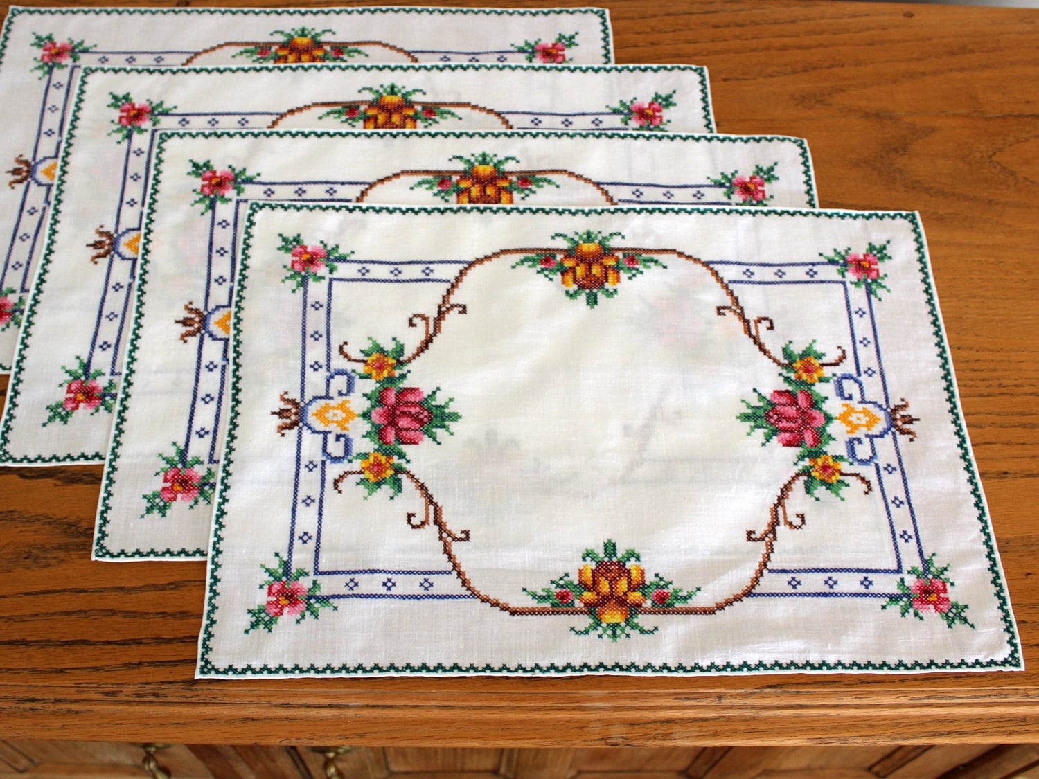 Vintage Floral Cross Stitch Placemats Set of 4 Hand Etsy