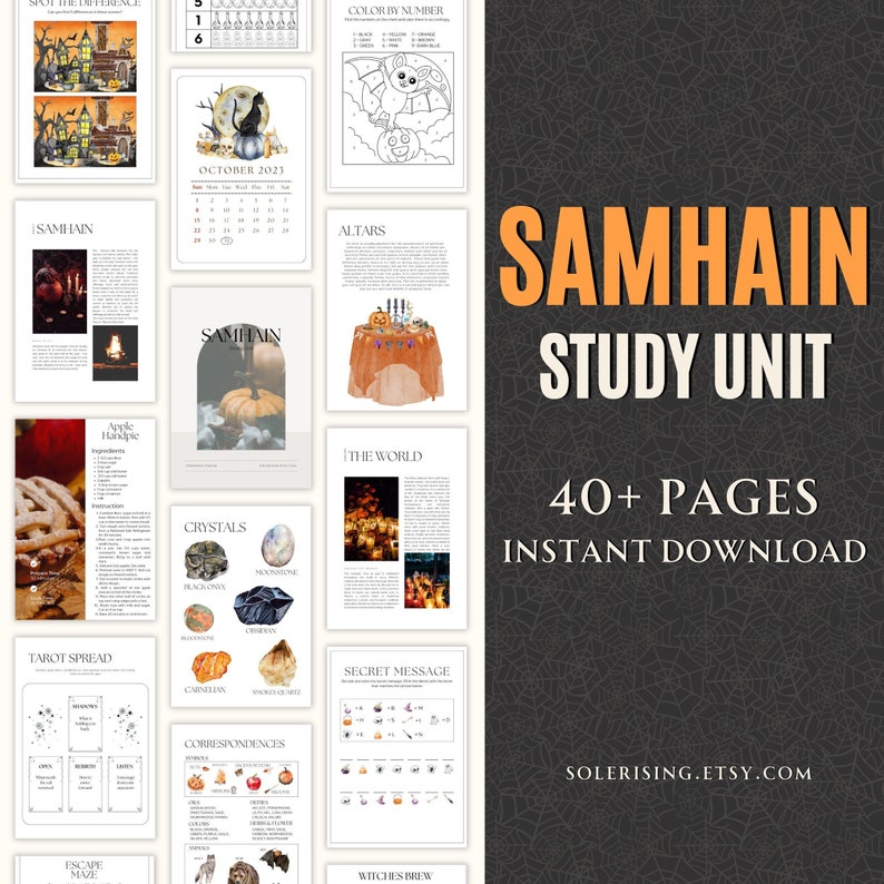 May include: A printable Samhain study unit with over 40 pages. The digital download includes a calendar, tarot spread, crystal correspondences, and more. The pages are decorated with a black cat, pumpkins, and a witch's cauldron.