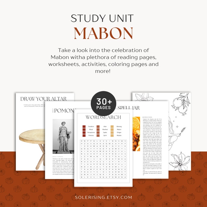 Puede incluir: Un conjunto de p&aacute;ginas de estudio imprimibles con el t&iacute;tulo &laquo;Study Unit Mabon&raquo;. La imagen muestra una b&uacute;squeda de palabras, p&aacute;ginas para colorear y hojas de trabajo. Tambi&eacute;n se ve el texto &laquo;30+ PAGES&raquo; y &laquo;SOLERISING.ETSY.COM&raquo;.