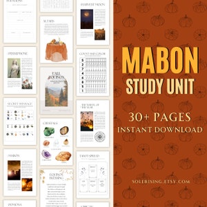 Può includere: Un download digitale di un'unità di studio Mabon con più di 30 pagine. La copertina è arancione con illustrazioni di zucche e testo. Contiene pagine con testo, illustrazioni e immagini sull'equinozio d'autunno.