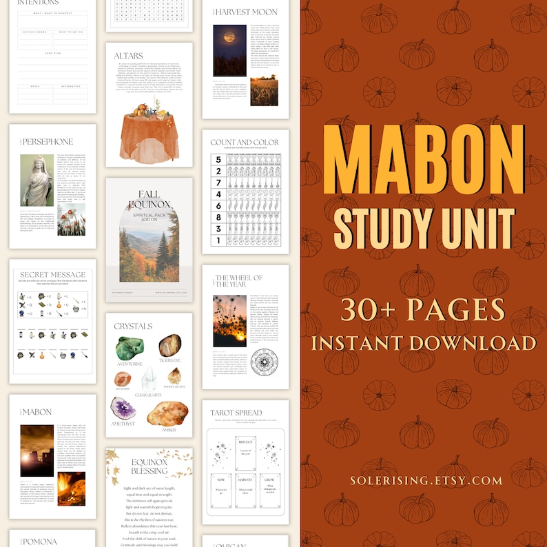 Puede incluir: Una descarga digital de una unidad de estudio de Mabon con m&aacute;s de 30 p&aacute;ginas. La portada es naranja con ilustraciones de calabazas y texto. Contiene p&aacute;ginas con texto, ilustraciones e im&aacute;genes sobre el equinoccio de oto&ntilde;o.