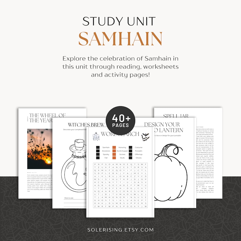May include: A printable study unit for Samhain, the Celtic festival of the dead, with over 40 pages of activities, worksheets, and reading materials. The unit includes a word search, a design your own lantern page, and a witches brew coloring page.