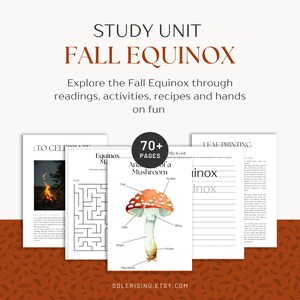Puede incluir: Una unidad de estudio imprimible para el equinoccio de oto&ntilde;o con m&aacute;s de 70 p&aacute;ginas de actividades, recetas y diversi&oacute;n pr&aacute;ctica. La unidad incluye un diagrama de anatom&iacute;a de los hongos, una actividad de impresi&oacute;n de hojas y un laberinto. El texto "TO CELEBRATE" y "LEAF PRINTING" es visible en las p&aacute;ginas.