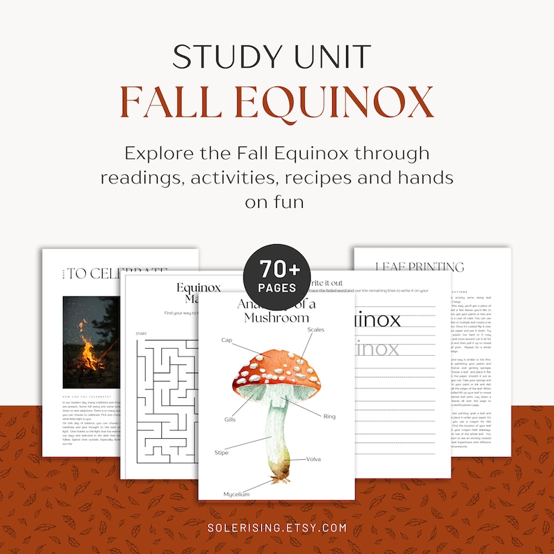 Puede incluir: Una unidad de estudio imprimible para el equinoccio de oto&ntilde;o con m&aacute;s de 70 p&aacute;ginas de actividades, recetas y diversi&oacute;n pr&aacute;ctica. La unidad incluye un diagrama de anatom&iacute;a de los hongos, una actividad de impresi&oacute;n de hojas y un laberinto. El texto "TO CELEBRATE" y "LEAF PRINTING" es visible en las p&aacute;ginas.