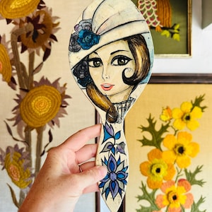 vintage 1960s paper mache lady hand mirror big eye woman makeup mirror