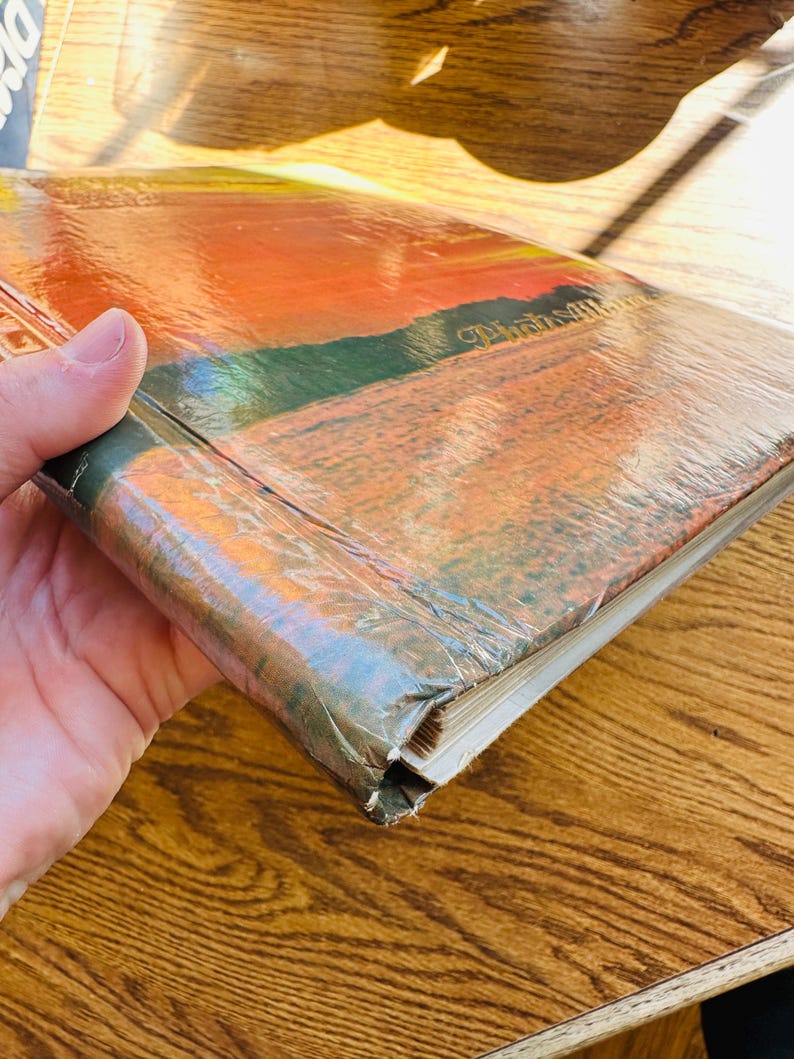 May include: Close-up of the spine of a hardback book with a sunset scene on the cover. The title "Picturesque" is visible on the spine.