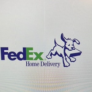 Puede incluir: Logotipo de FedEx con el texto "Home Delivery" y una silueta azul de un perro que lleva un paquete.