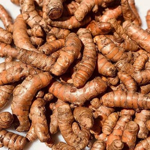 May include: A large pile of raw turmeric roots with a knobby, cylindrical shape and a rough, earthy, orange-brown skin. The roots vary in size and thickness, featuring segmented textures and natural curves, densely packed together in a close-up view.
