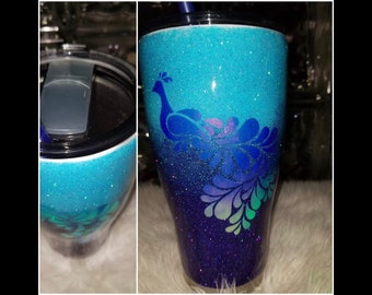 Vaso holográfico de pavo real brillante ombré azul