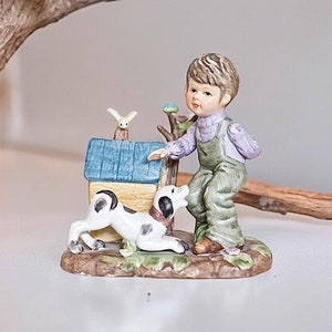 Classic Boy and Dog Ceramic Figurine, Vintage Inspired Home Decor, One of a Kind Collectible, Unique Gift Idea