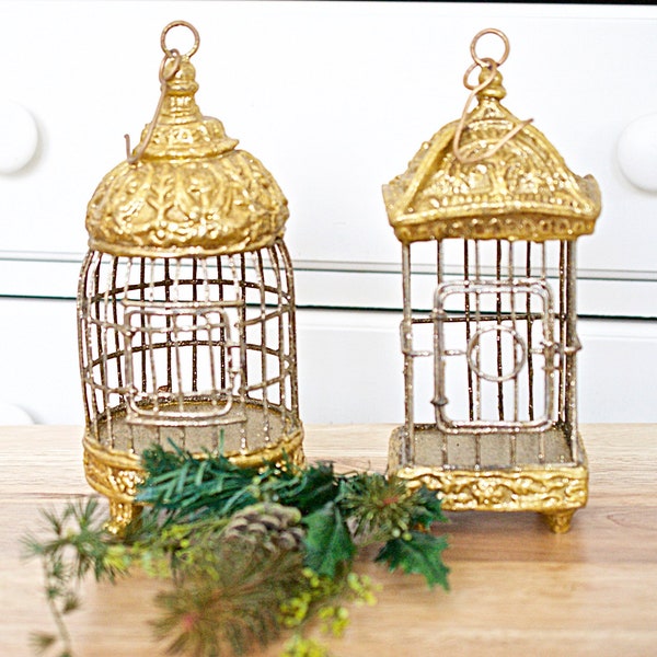 Vintage Birdcage Christmas Ornament, Shimmering Antique Gold, Round or Square You Choose