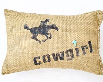 Cowgirl Decorative Pillow, Natural Burlap with Turquoise Cross Bead