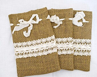 Taupe Burlap, Gift Bag, Cotton Lace, Wrinkled Seam Binding Ribbon (3 Bags)