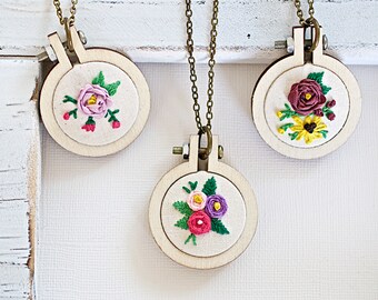 Floral Embroidery Pendant, Wood Round Hoop, Hand Embroidered Necklace, Wearable Art