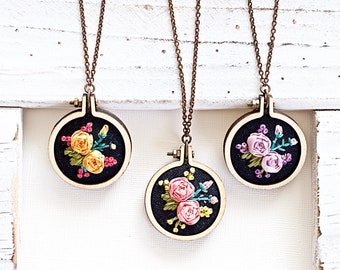 Ribbon Roses, Embroidery Round Hoop Pendant, Pink, Yellow or Purple, Long Necklace