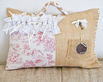 Pink Toile de Jouy, Natural Burlap, Decorative Pillow with Love Charm and Key.