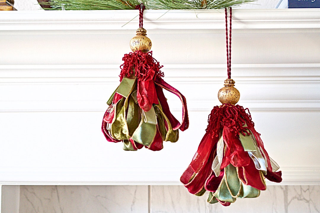Vintage Ribbon Tassel Christmas Ornament, Antique Gold, Reds and Greens