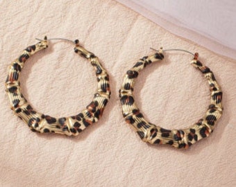 Leopard Print Bamboo Hoop Earrings- Hoop Earrings, Leopard Print Hoops, Circle Hoops, Bohemian Boho Statement Jewelry, Valentine's Day Gift
