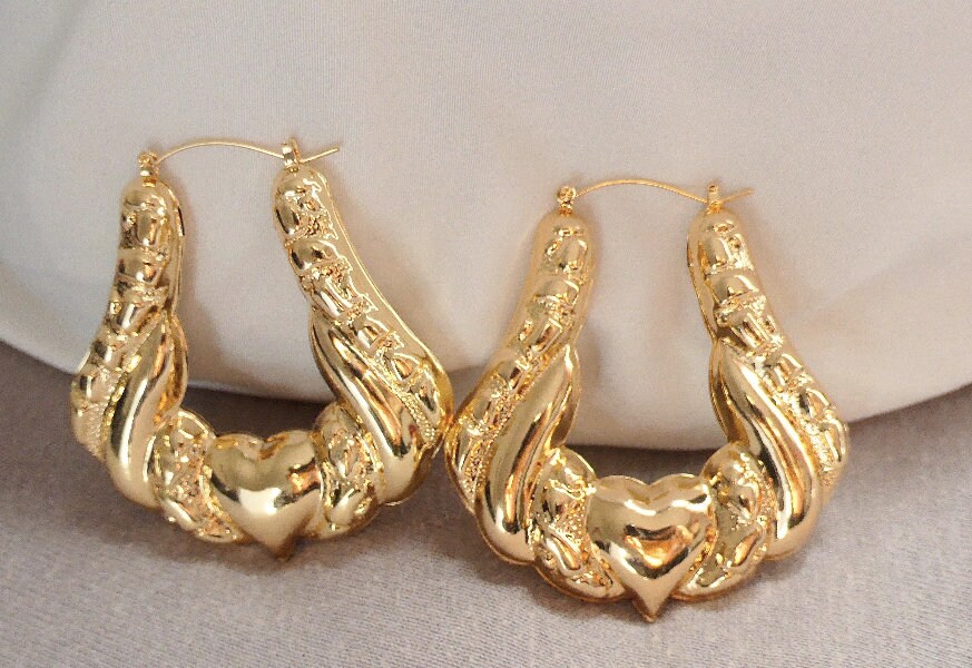 Gold Bamboo Earrings Gold Door Knocker Earrings 90's | Etsy