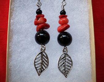 Leaf Earrings Dangle, Red Earrings Beaded, Boho Jewelry Handmade, Nature Inspired Jewelry, Birthday Gift for Her, Mothers Day Gift for Mom