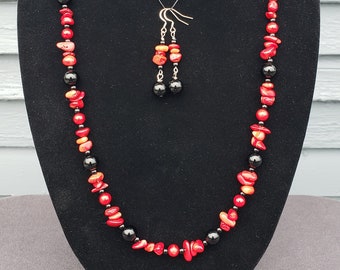 Red Coral Necklace Beaded, Red and Black Jewelry Set, Long Red Necklace, Unique Birthday Gift for Wife, Handmade Mothers Day Gift for Mom