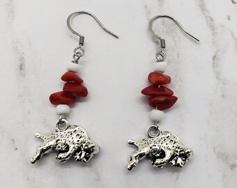 Buffalo Earrings Dangle, Bison Earrings, Bison Jewelry, Animal Earrings, Red Earrings, Valentines Gift for Wife, Galentines Day Gift