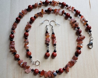 Fall Jewelry Set, Agate Necklace Beaded, Chip Bead Necklace Orange, Earthy Jewelry, Unique Birthday Gift for Wife, Mothers Day Gift for Mom