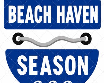 May include: A blue graphic design featuring the white text BEACH HAVEN on a rectangular top section and the word SEASON on a semi-circular bottom section. A gray wavy line connects two black circles between the two blue shapes, with white waves.