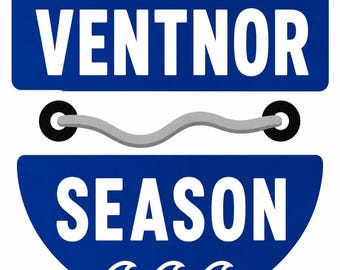May include: A blue graphic design featuring the word VENTNOR in white capital letters on a rectangular background, a gray wavy line between two black circles, and the word SEASON in white capital letters above three white wave icons.