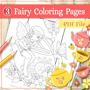May include: A black and white colouring page featuring a fairy sitting on a teapot with a butterfly flying above. The page includes the text "3 Fairy Coloring Pages PDF File".