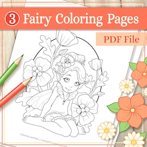 Fairy Coloring Pages - 3 Adorable Pixie and Flower Illustrations Suitable for All Ages - Printable PDF File