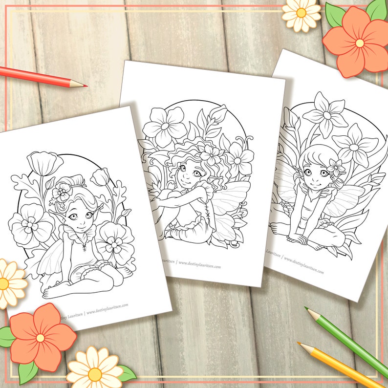 Fairy Coloring Pages 3 Adorable Pixie and Flower | Etsy