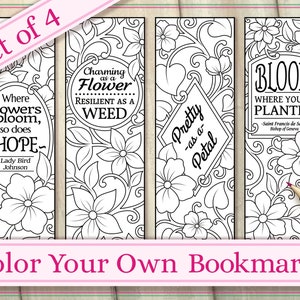 Color Your Own Bookmarks Set of 4 Printable Flower Quote - Etsy