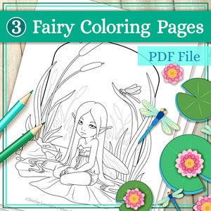 Puede incluir: Una página para colorear en blanco y negro con un hada sentada en un nenúfar con libélulas y juncos. La página se titula "3 Páginas para colorear de hadas Archivo PDF".