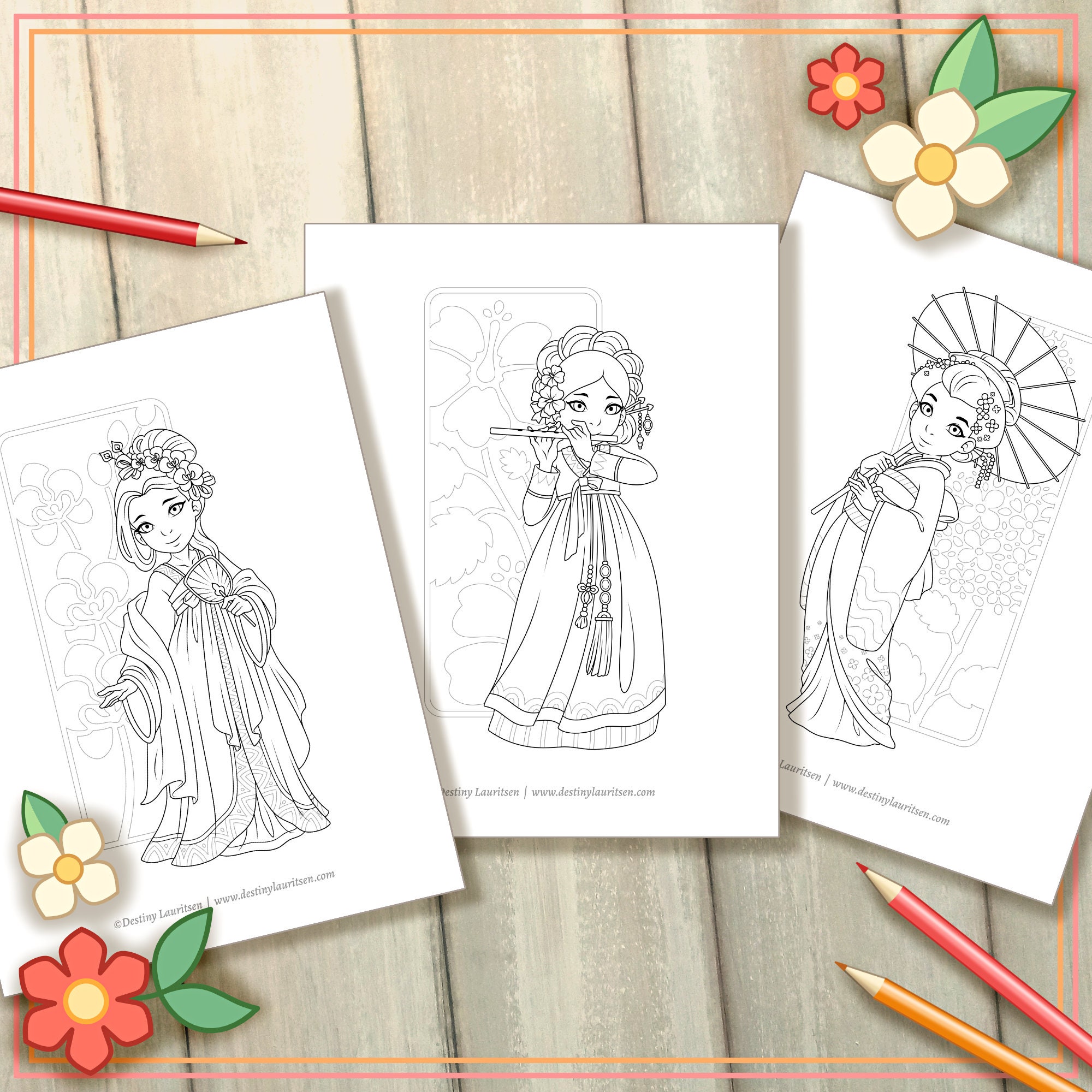 Asian Fashion Coloring Pages 3 Traditional Costume - Etsy