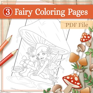 Könnte beinhalten: Schwarz-weißes Malbuch mit zwei Feen, die unter einem Pilz sitzen. Die Feen haben Flügel und Blumen im Haar. Im Hintergrund befinden sich Pilze und Blätter.