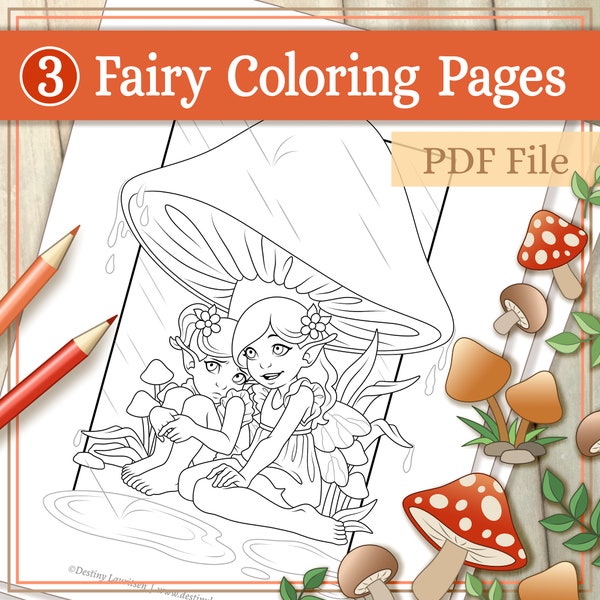 Fee Ausmalseiten - 3 Wunderschöne Pixie und Pilz Illustrationen für jedes Alter - druckbare PDF Datei