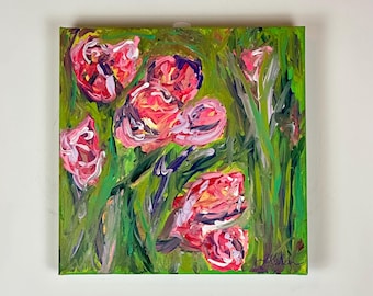 Original Acrylic on Canvas Impressionist Floral Roses 10”x10” SIGNED Painting