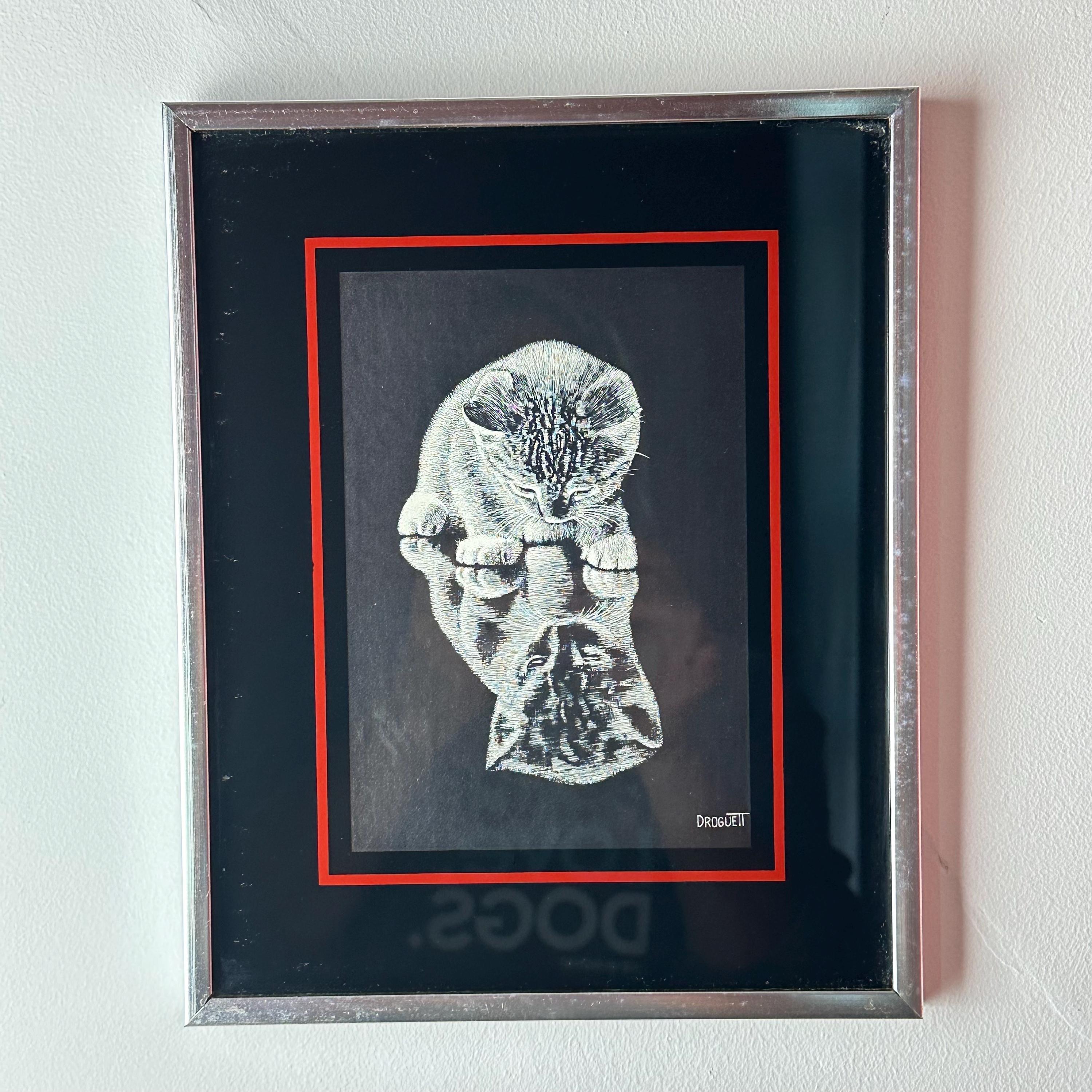 1970s Droguett Framed Art Cat Reflections Wall Hanging Figi