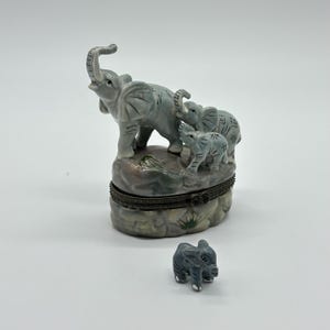 Ceramic Elephant Baby Elephant Trunk Up Good Luck Hinged 2.5”x3.5” Jewelry Trinket Box