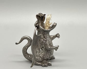 Signed Hunter Pewter Dragon Statue: Gothic Fire-Breathing Figurine