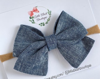 Blue Chambray Classic Bow, Available in 3 sizes on clip or nylon headband