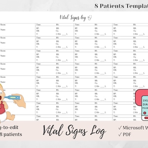 Vital Signs Log, 8 Patients, For Nurses, CNAs and Techs, Microsoft Word, PDF